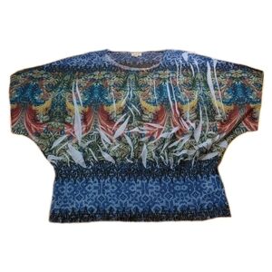 One World Dolman Top Plus Sz 3X Bird Tattoo Art Y2k Sheer Chiffon Smocked Waist